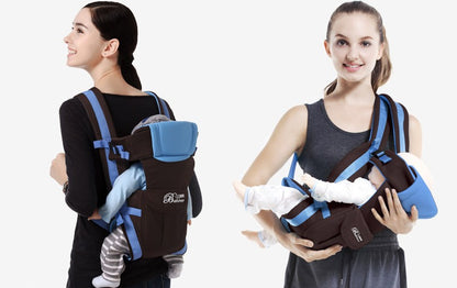 Parent showing back-carry and lying positions using the Four Seasons Baby Carrier for newborn comfort