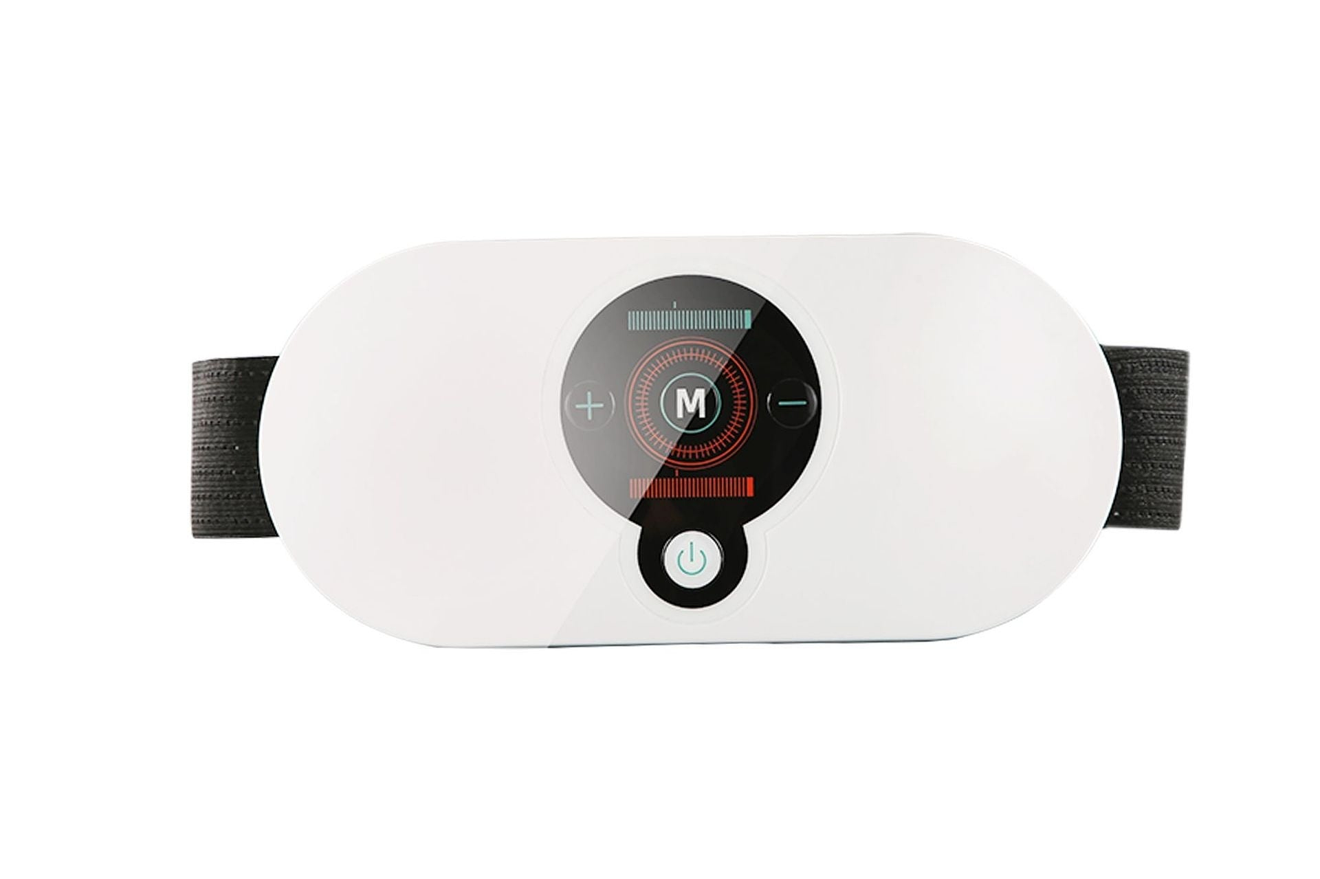 Front view of a digital heating massager with display and adjustable strap