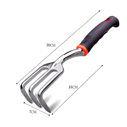 Garden hand rake with black handle and visible size measurements: 30 cm length, 16 cm head, 7 cm width