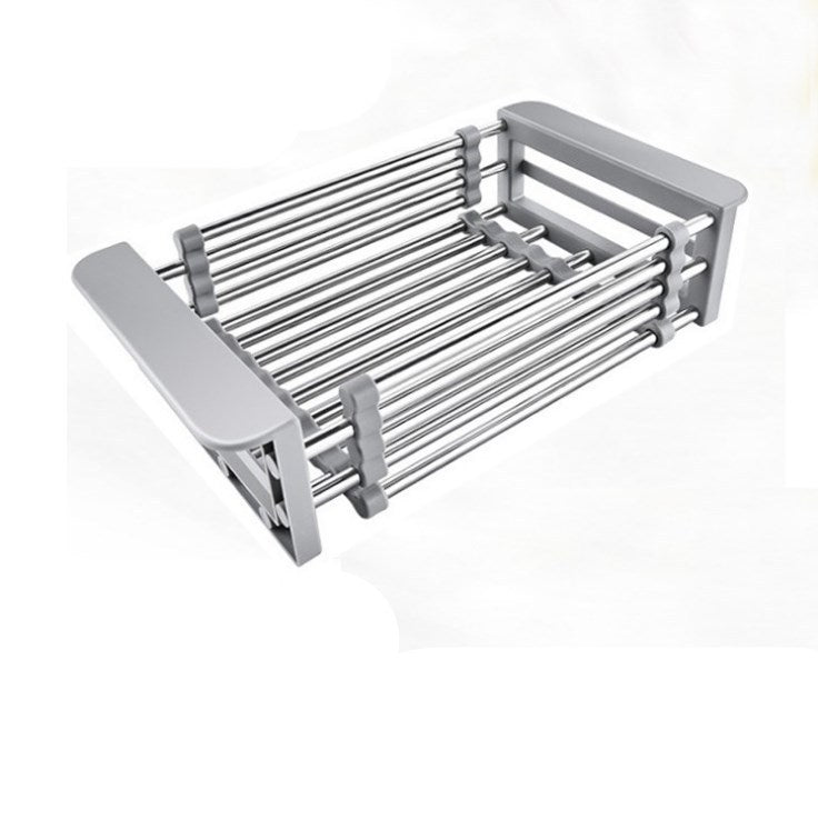 Gray expandable stainless steel sink basket for kitchen sinks, designed for draining and drying dishes or produce.