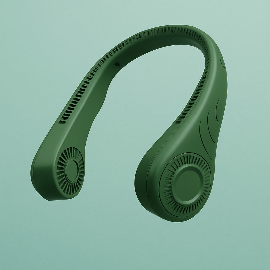 Green bladeless neck fan on a pastel background showing the ergonomic wearable design.