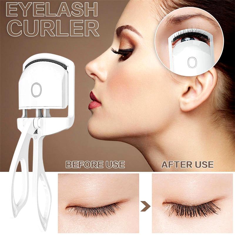 Before and after results using the USB rechargeable heated eyelash curler, showing curled lashes and device in use