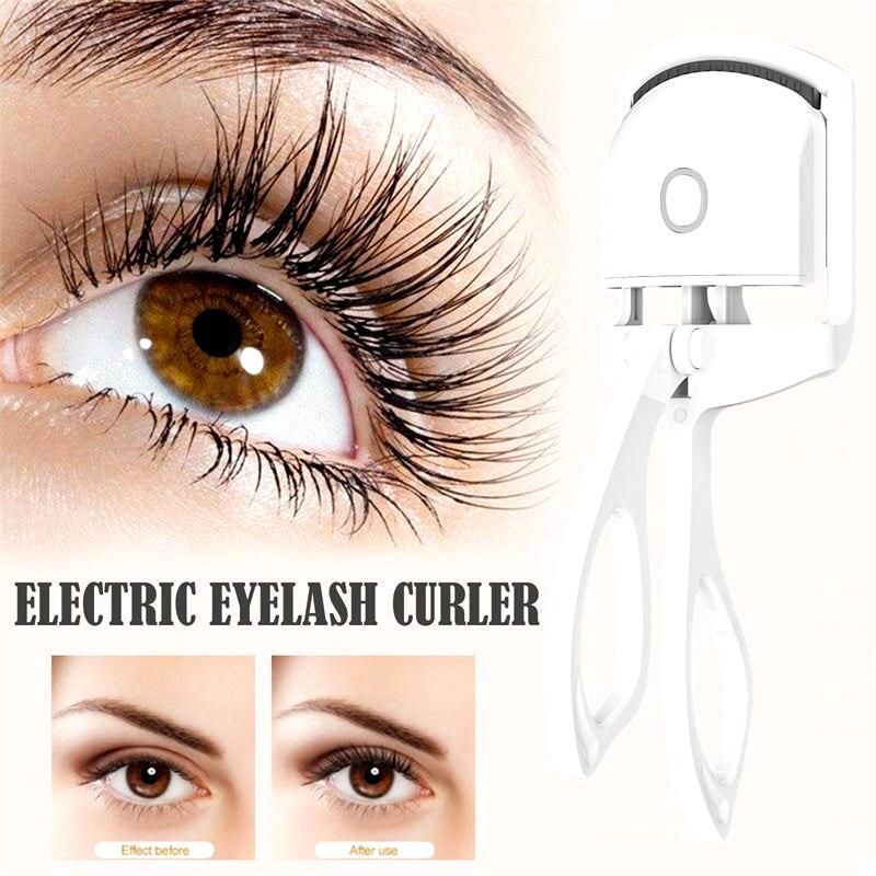 Close-up of eye with curled lashes using electric eyelash curler, with before and after comparison