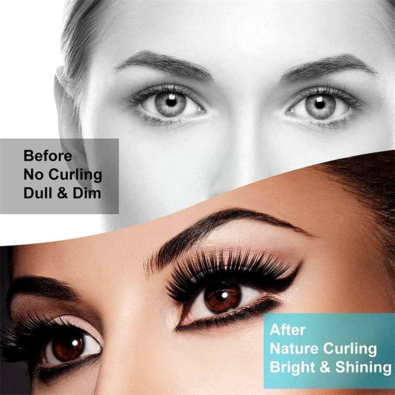 Comparison image showing eyes before and after using a heated eyelash curler – from dull and straight to curled and bright lashes