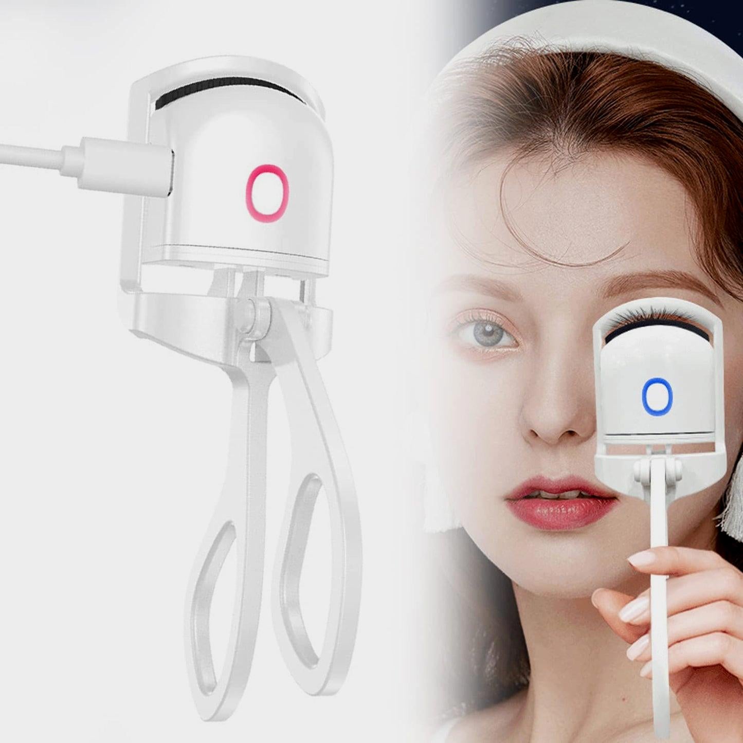 USB rechargeable heated eyelash curler shown in use and charging, demonstrating eyelash curling effect