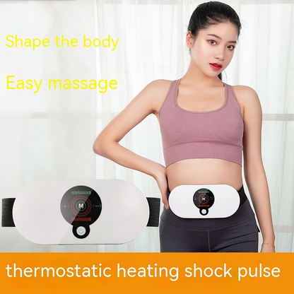 Slimming heating belt showcased on model with text: "Shape the body", "Easy massage", and "thermostatic heating shock pulse"