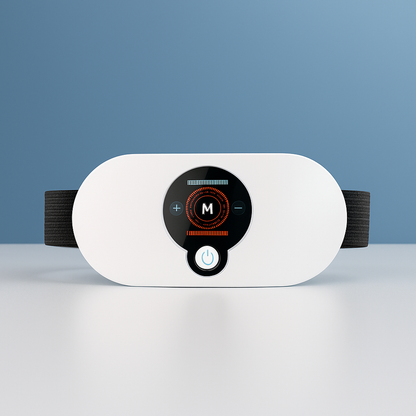 Electronic heating massager displayed on a white surface with a gradient blue background, highlighting its control panel and strap