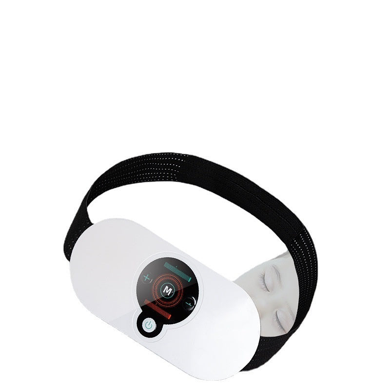 Close-up of a heating massager with adjustable strap placed near a relaxed face