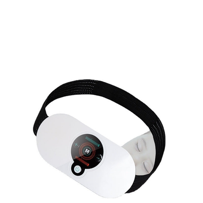Close-up of a heating massager with adjustable strap placed near a relaxed face