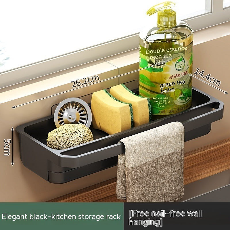 Compact black kitchen storage rack displayed with dimensions and product items, labeled for nail-free wall mounting