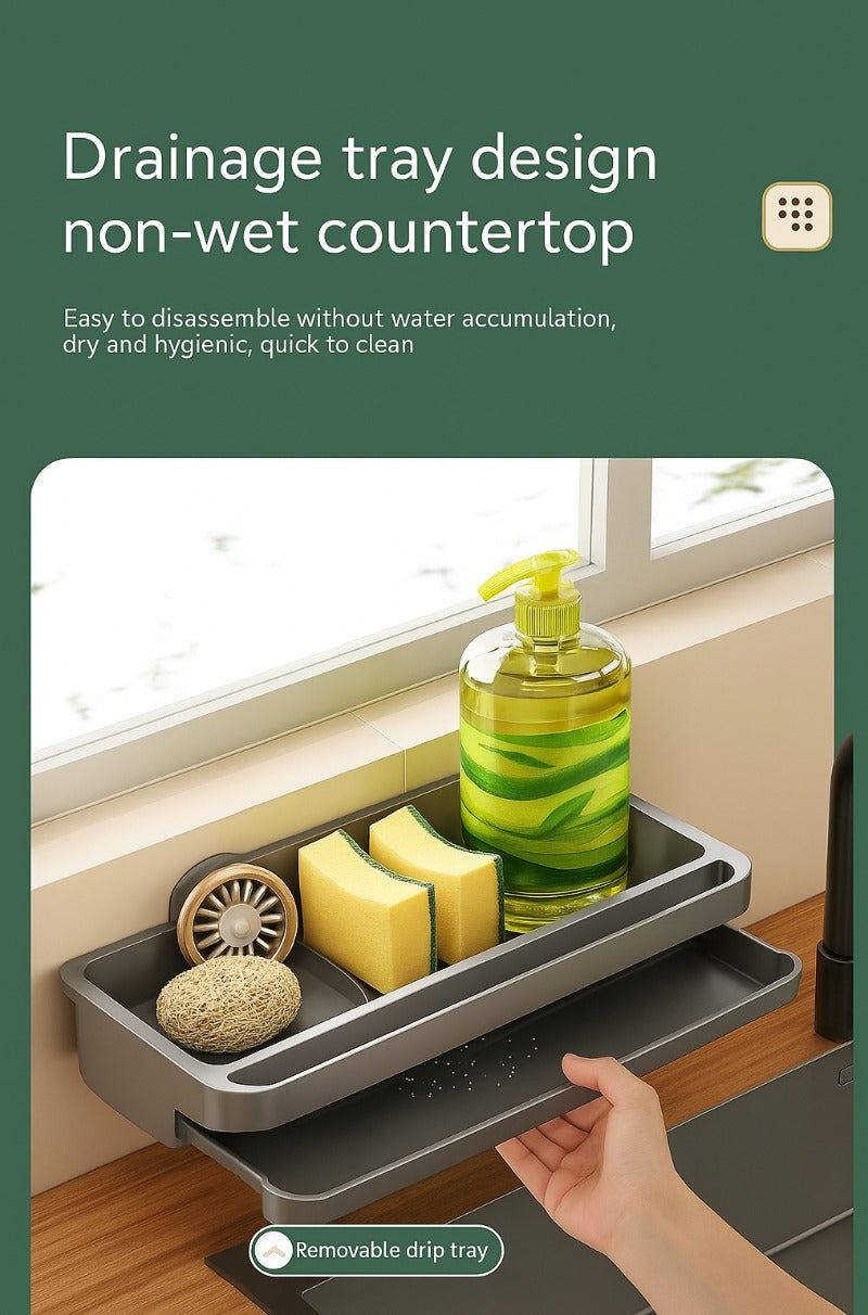 Kitchen sink storage rack with removable drip tray showing drainage design to keep countertops dry.