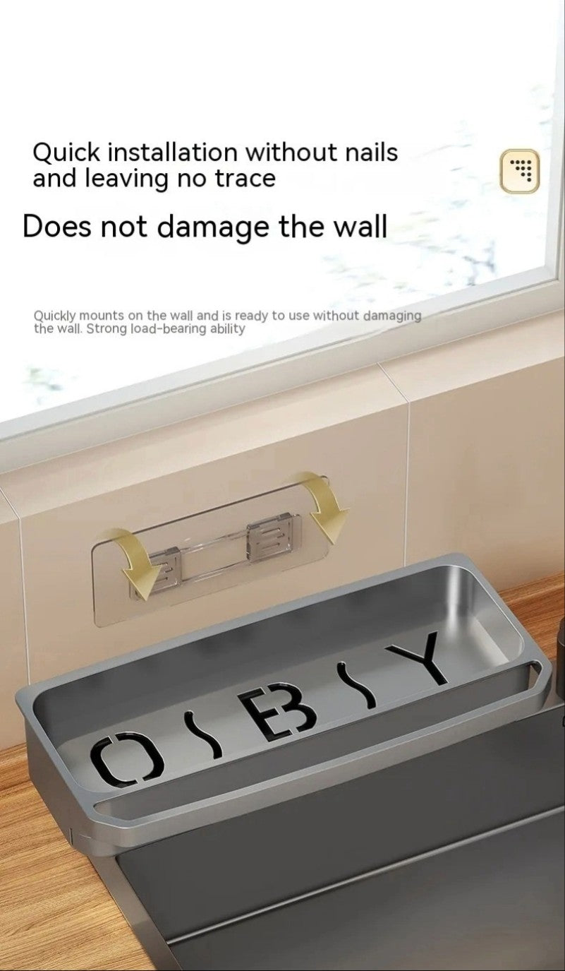 Kitchen sink storage rack showing quick nail-free installation with adhesive wall mount.