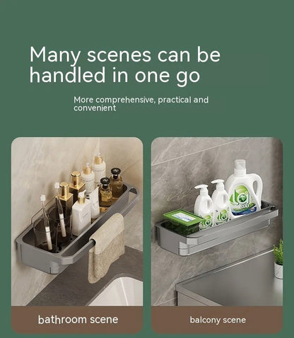 Kitchen storage rack shown in different usage scenes, including bathroom and balcony setups.