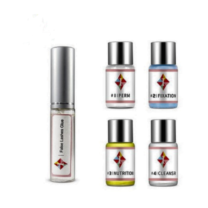 Set of five lash lift bottles including glue, perm, fixation, nutrition, and cleanser, displayed on a white background.