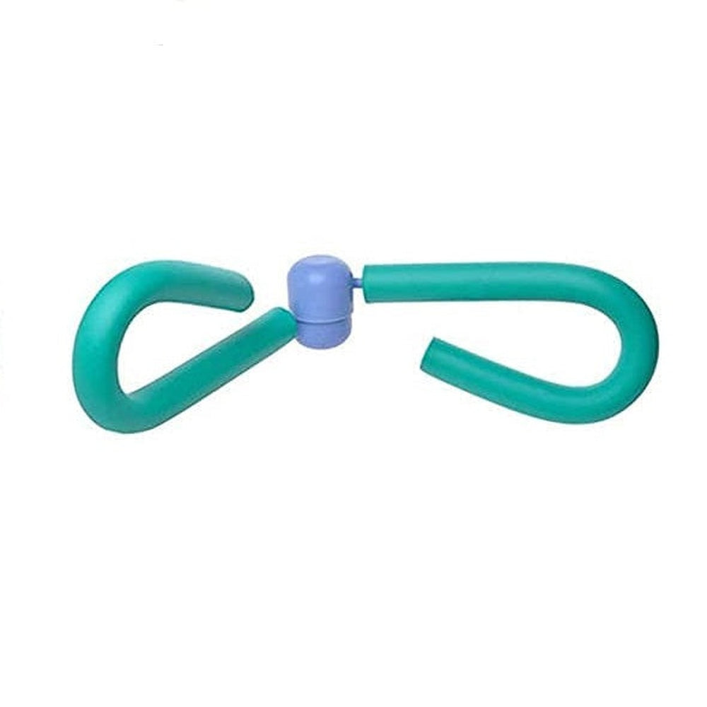 Isolated green leg and thigh workout trainer with a light blue joint on a white background