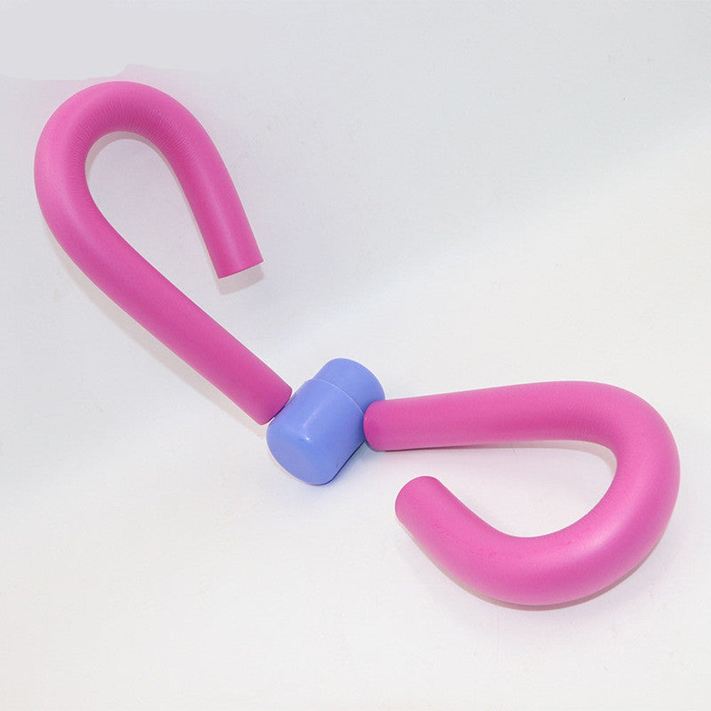 Pink and purple leg and thigh workout trainer with foam-covered handles on a white background