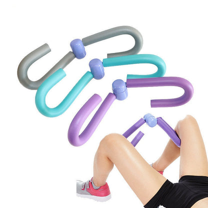 Multiple leg and thigh workout trainers in gray, turquoise, and purple colors displayed, with one shown in use during a fitness exercise