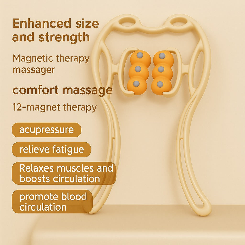 Orange magnetic therapy neck massager with labeled therapeutic benefits and improved text layout