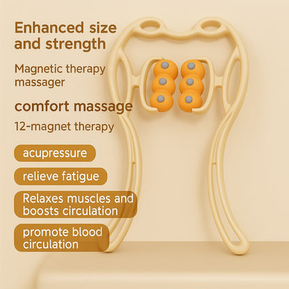 Orange magnetic therapy neck massager with labeled therapeutic benefits and improved text layout