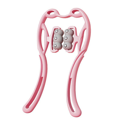 Front view of a pink magnetic therapy neck massager with six massage rollers