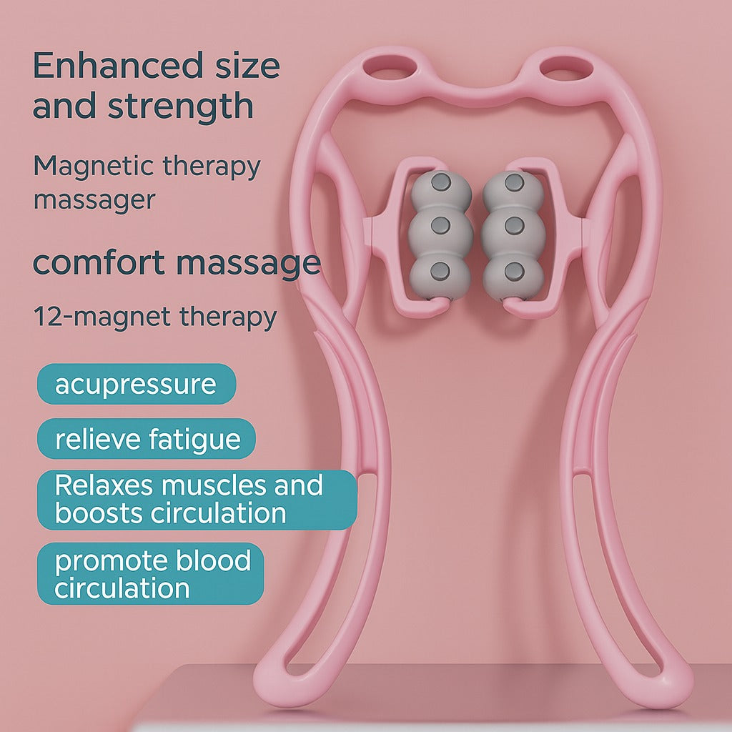 Pink magnetic neck massager with enhanced therapy descriptions and labeled benefits