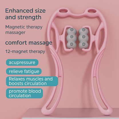 Pink magnetic neck massager with enhanced therapy descriptions and labeled benefits