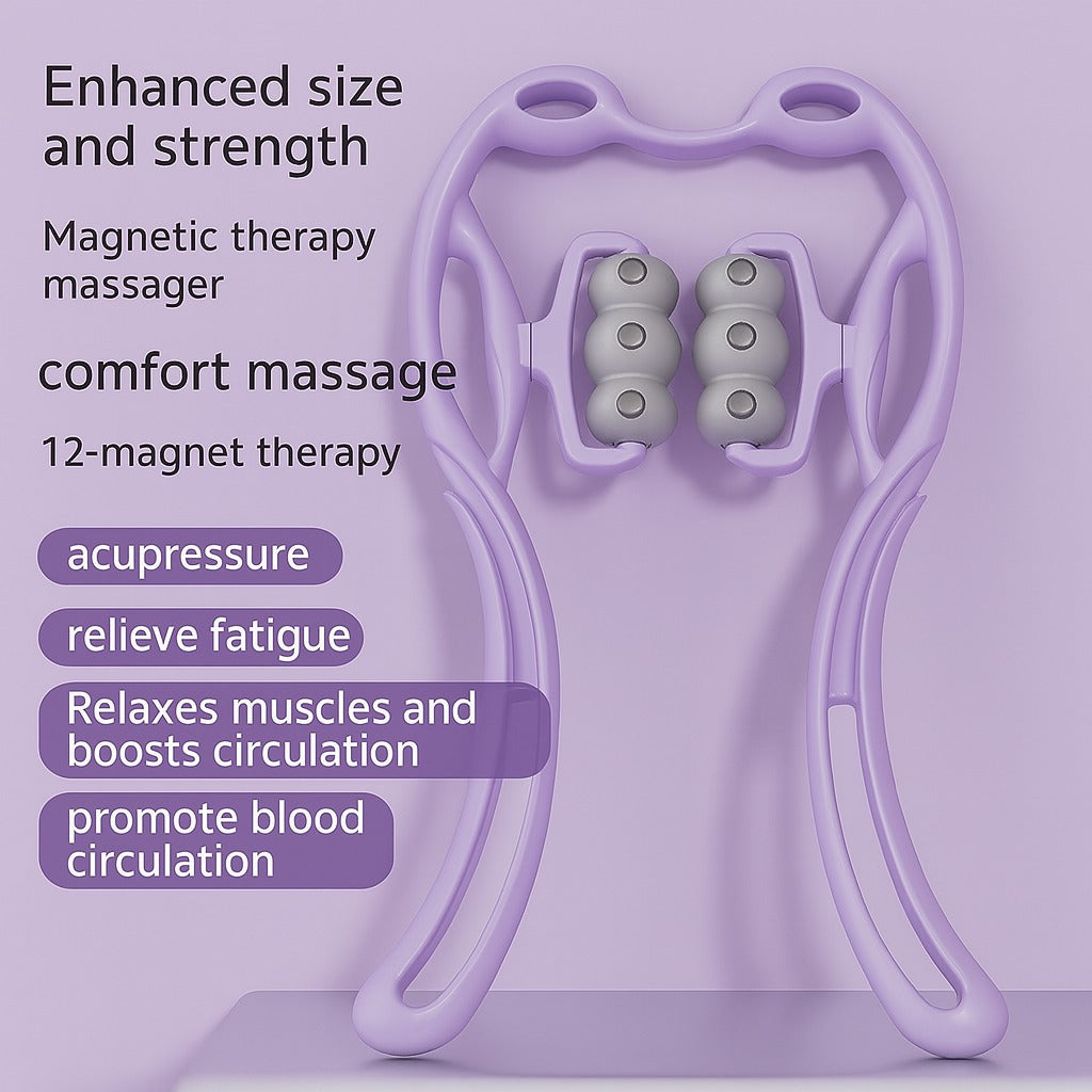 Purple magnetic neck massager with benefit descriptions and 12-magnet therapy label