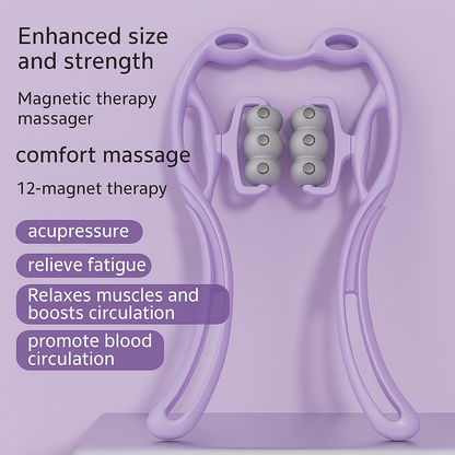 Purple magnetic neck massager with benefit descriptions and 12-magnet therapy label