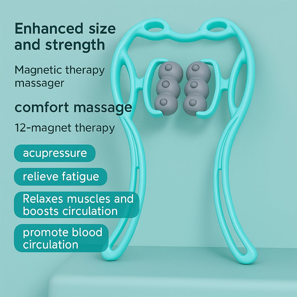 Magnetic therapy neck massager with labeled benefits such as acupressure, fatigue relief, and improved circulation