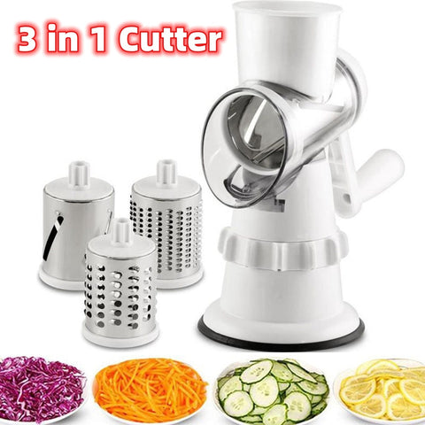 3-in-1 manual vegetable cutter with rotary design and interchangeable stainless steel blades for slicing, shredding, and grating.