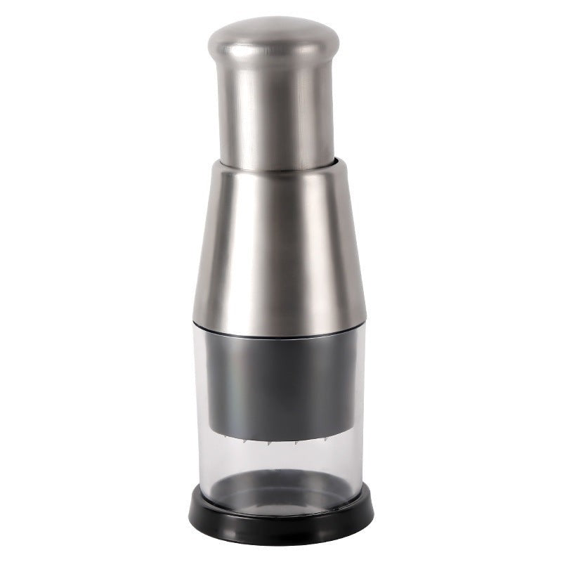 Front view of manual garlic and onion press with stainless steel body and clear container.