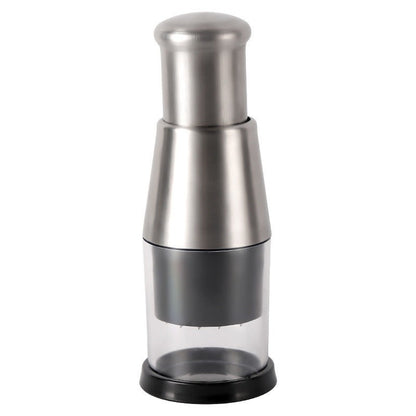 Front view of manual garlic and onion press with stainless steel body and clear container.