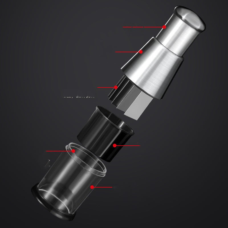 Exploded view of manual garlic and onion press showing detachable stainless steel top, blades, and clear container parts.