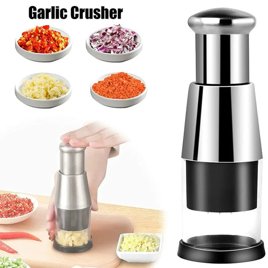 Manual garlic and onion press with stainless steel blades, perfect for chopping vegetables quickly and easily.