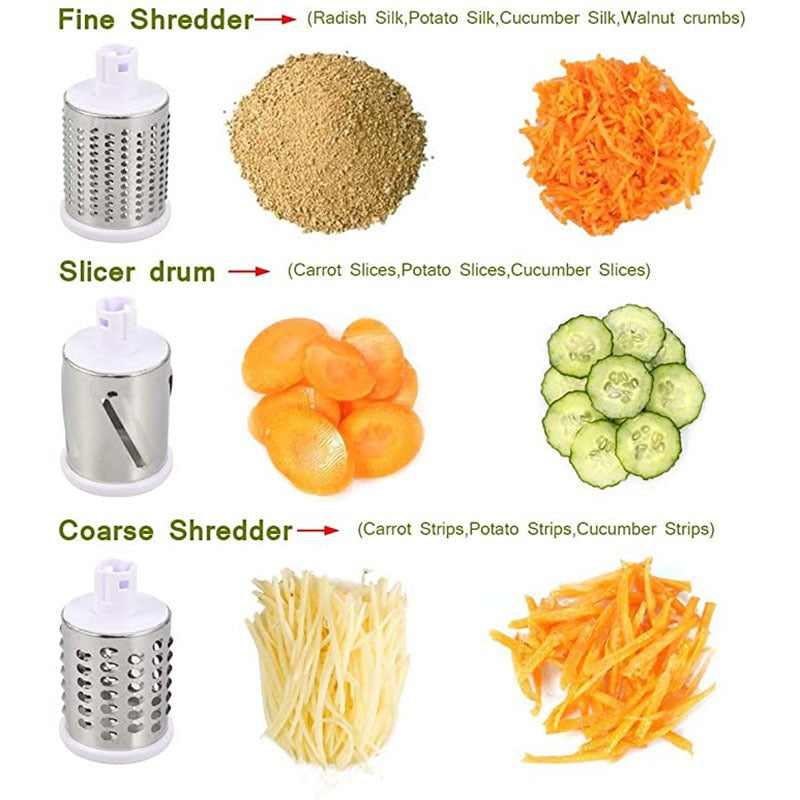 Three drum blades for manual vegetable cutter showing results: fine shredder, slicer drum, and coarse shredder with examples like carrots and cucumbers.
