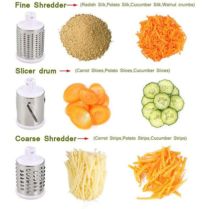 Three drum blades for manual vegetable cutter showing results: fine shredder, slicer drum, and coarse shredder with examples like carrots and cucumbers.