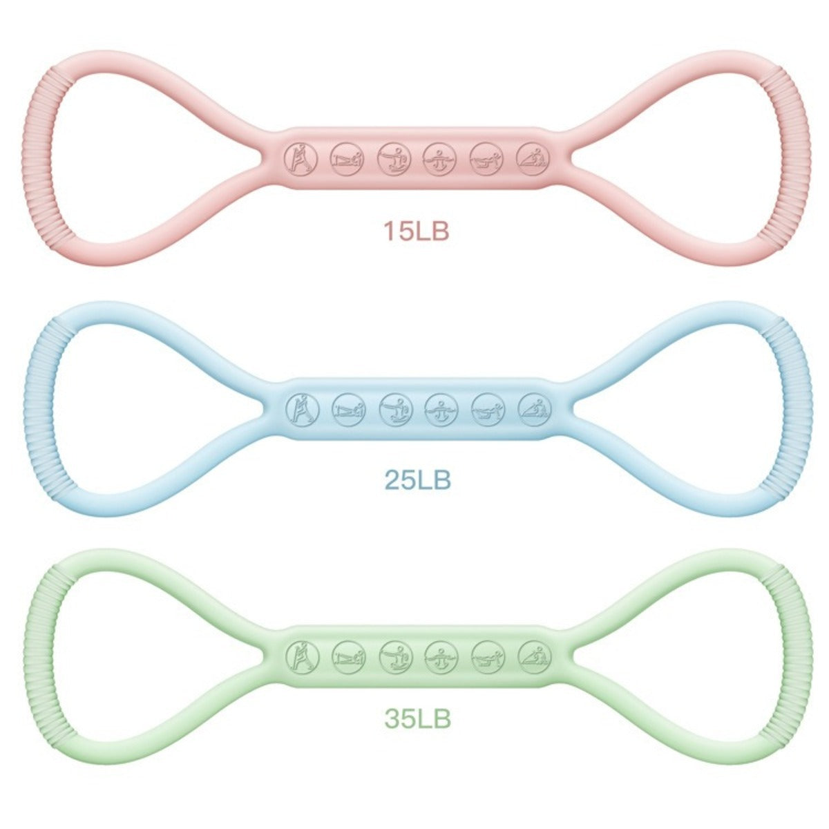Set of 3 mini resistance bands in pink, blue, and green – light, medium, and heavy levels (15lb, 25lb, 35lb)