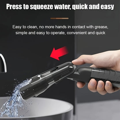 Demonstration of mini spray mop self-squeeze function to remove water without touching dirt