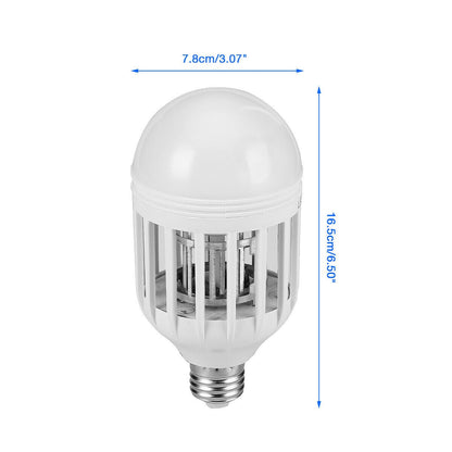 Mosquito Killer LED bulb with labeled dimensions showing height and diameter in cm and inches
