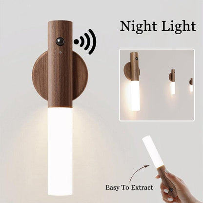 Motion Sensor LED Night Light with wooden design and USB charging – wall-mounted and removable