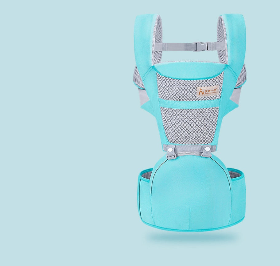 Front view of multifunctional baby carrier with waist stool in lake blue color