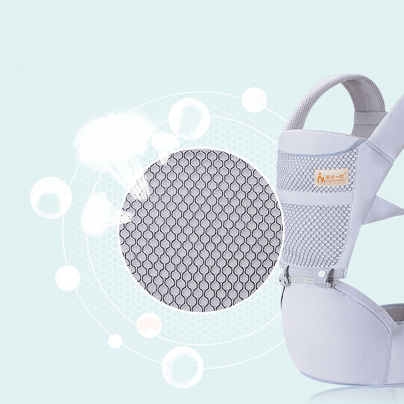 Close-up of breathable fabric texture on ergonomic baby carrier with waist stool – grey color