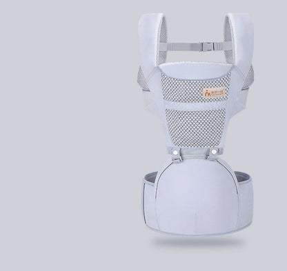 Front view of multifunctional baby carrier with waist stool in galaxy grey color