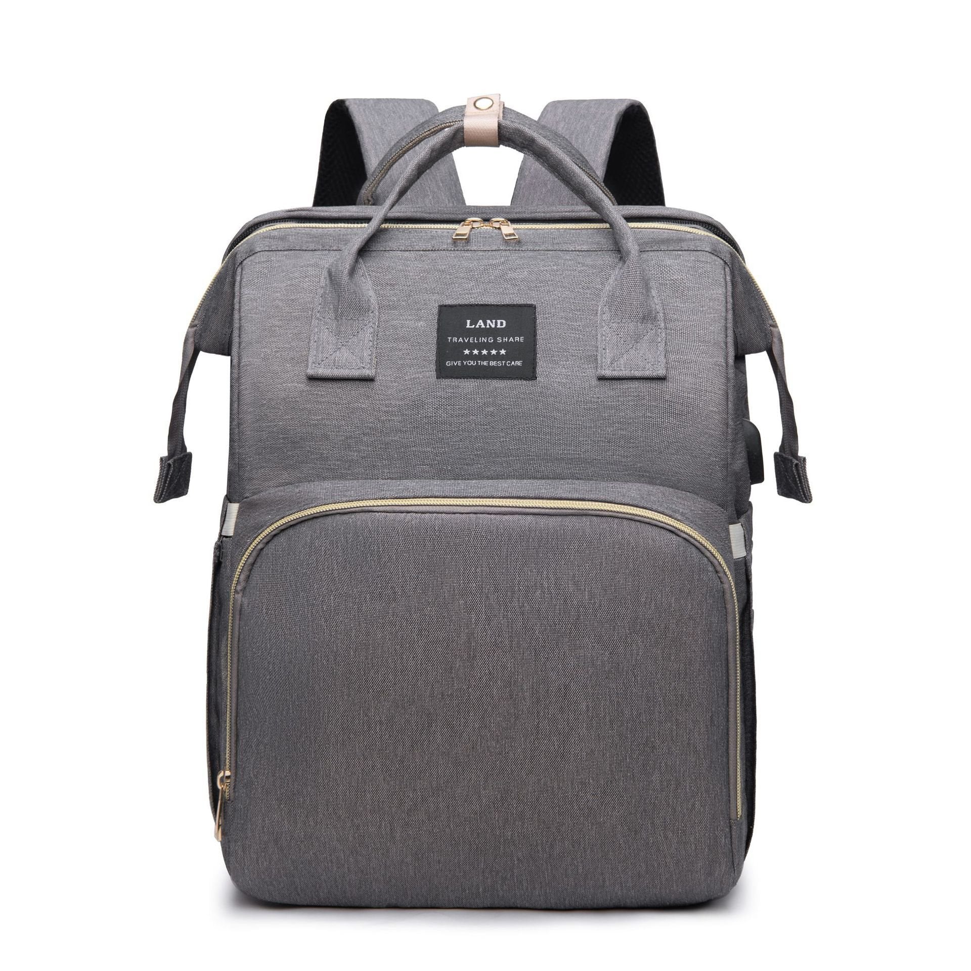 Gray Mummy Baby Crib Backpack with insulated front pocket and ergonomic straps