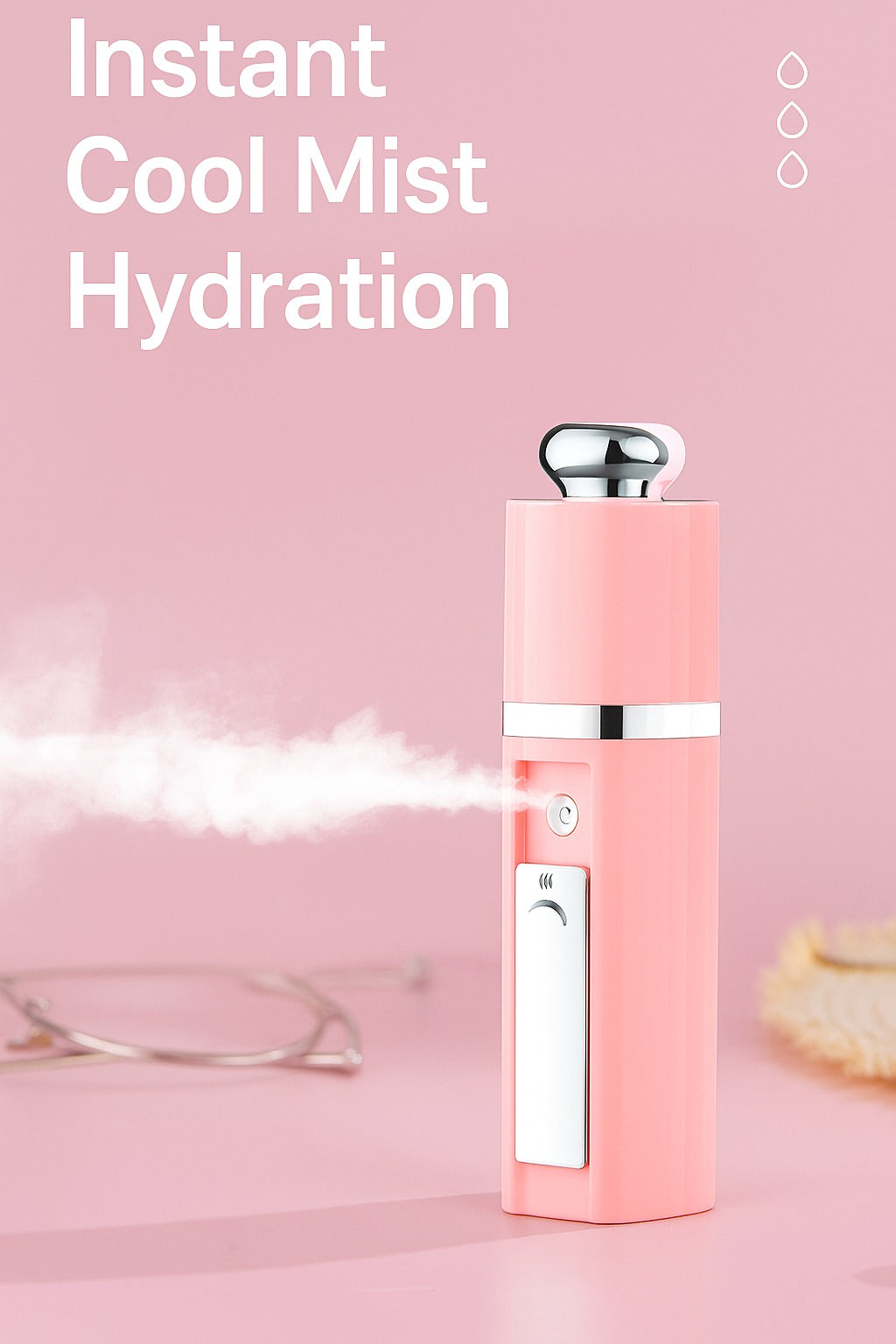 Close-up of a pink nano mist sprayer with text 'Instant Cool Mist Hydration' on a soft pink background