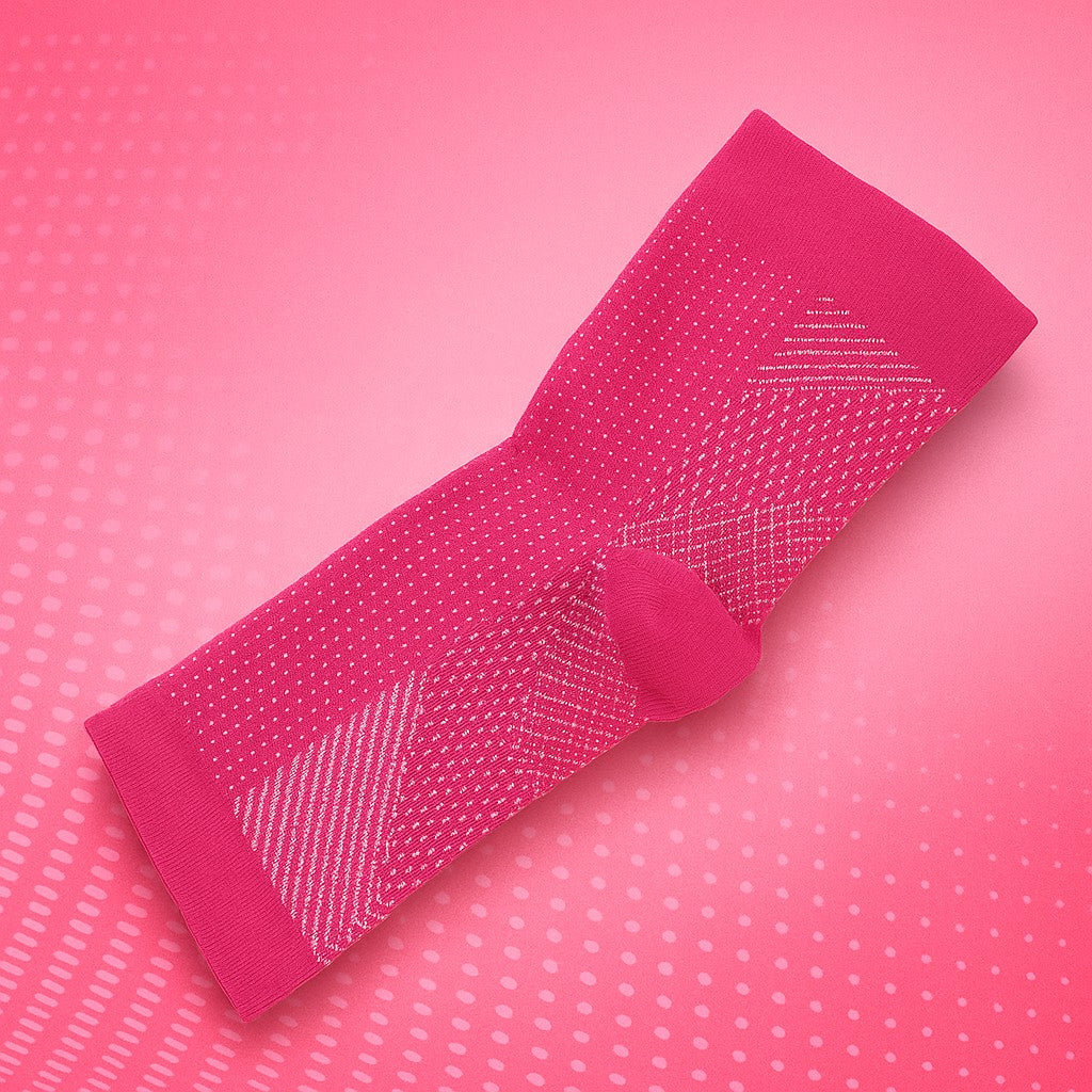Pink compression ankle sleeve with textured patterns, displayed on a dynamic pink background with soft lighting