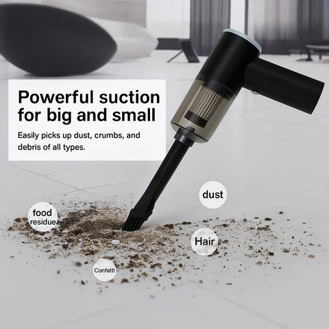 Portable car vacuum cleaner with brush nozzle cleaning dust, crumbs, and pet hair on the floor