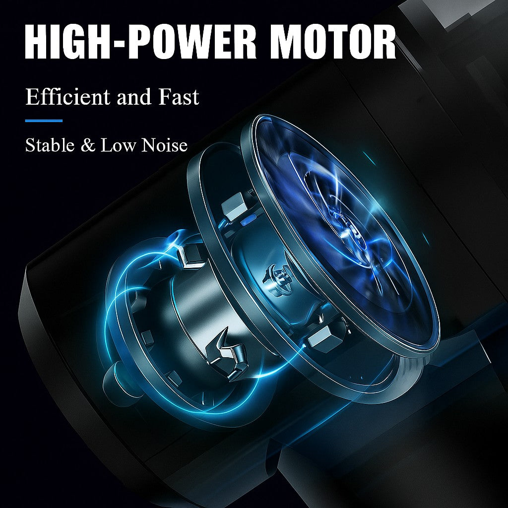 High-power motor of portable car vacuum cleaner showing internal turbine design with blue energy effect
