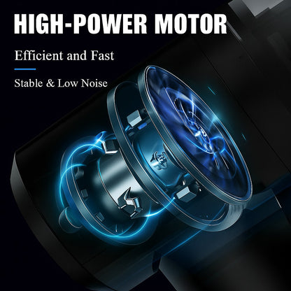 High-power motor of portable car vacuum cleaner showing internal turbine design with blue energy effect