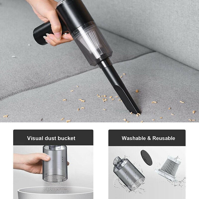 Portable car vacuum cleaner with long nozzle cleaning crumbs on a gray sofa, with images showing removable dust cup and washable filter